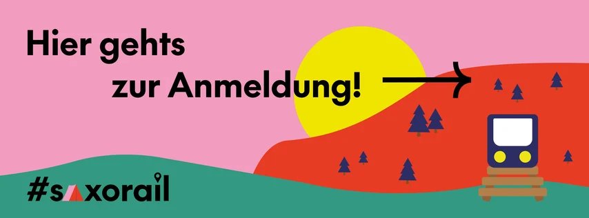 stilisierte Darstellung eines Zuges im Sonnenuntergang mit dem Text "Hier gehts zur Anmeldung"