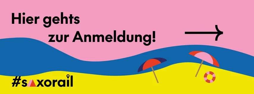 Ein stilisierter Strand mit Sonnenschirmen und einem Rettungsring mit dem Text "Hier gehts zur Anmeldung" und einem Pfeil nach rechts